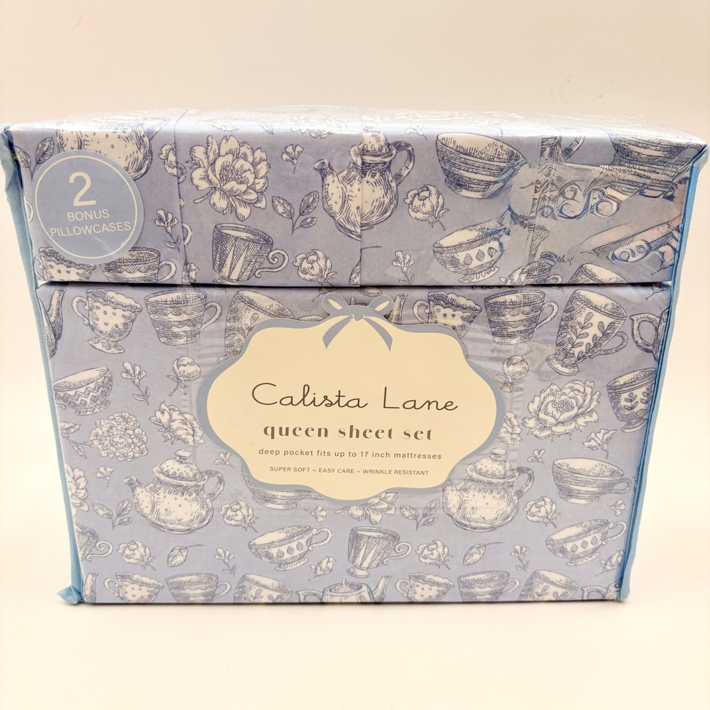 Calista Lane Queen Sheet Set 6pc Tea Rose Garden Blue Floral Toile Deep Pocket